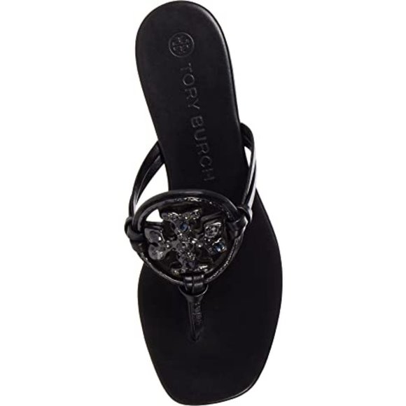 Tory Burch Miller Jeweled Embellished Crystal Leather Thong Sandals Black Sz 5.5 - Picture 9 of 12